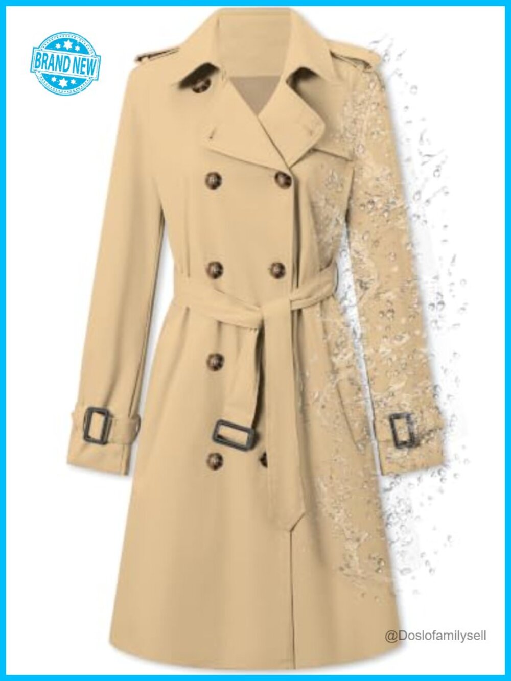 Women's Double-Breasted Belted Trench Coat Water-Repellent
